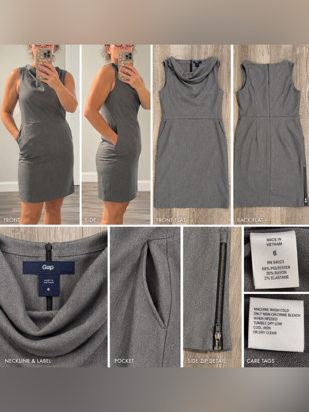 Gap Gray Cowl Neck Sheath Dress Size 6 Sleeveless Work Office Pockets